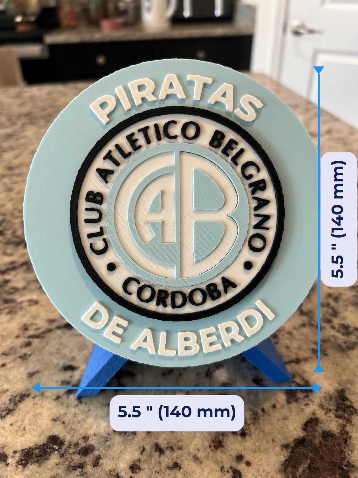 Size guide: Belgrano Personalized Desk Display with Stand round medallion 5.5 inches (140 mm) across and about 1 inch deep on the stand
