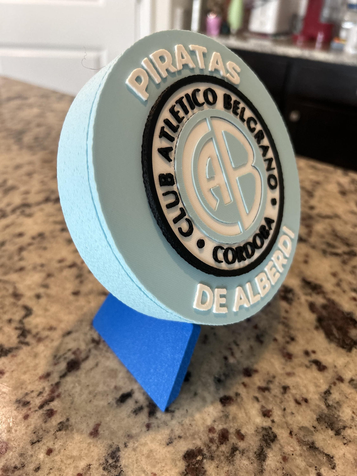 Belgrano Cordoba 3D printed round display medallion with stand and hidden stash boxEl Pirata Argentine soccer fan gift, made in USA