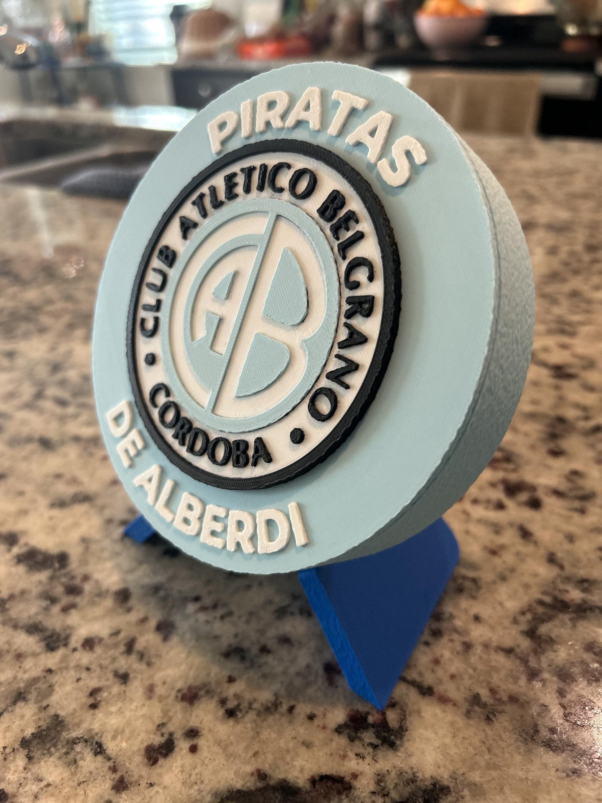 Belgrano Cordoba 3D printed round display medallion with stand and hidden stash boxEl Pirata Argentine soccer fan gift, made in USA