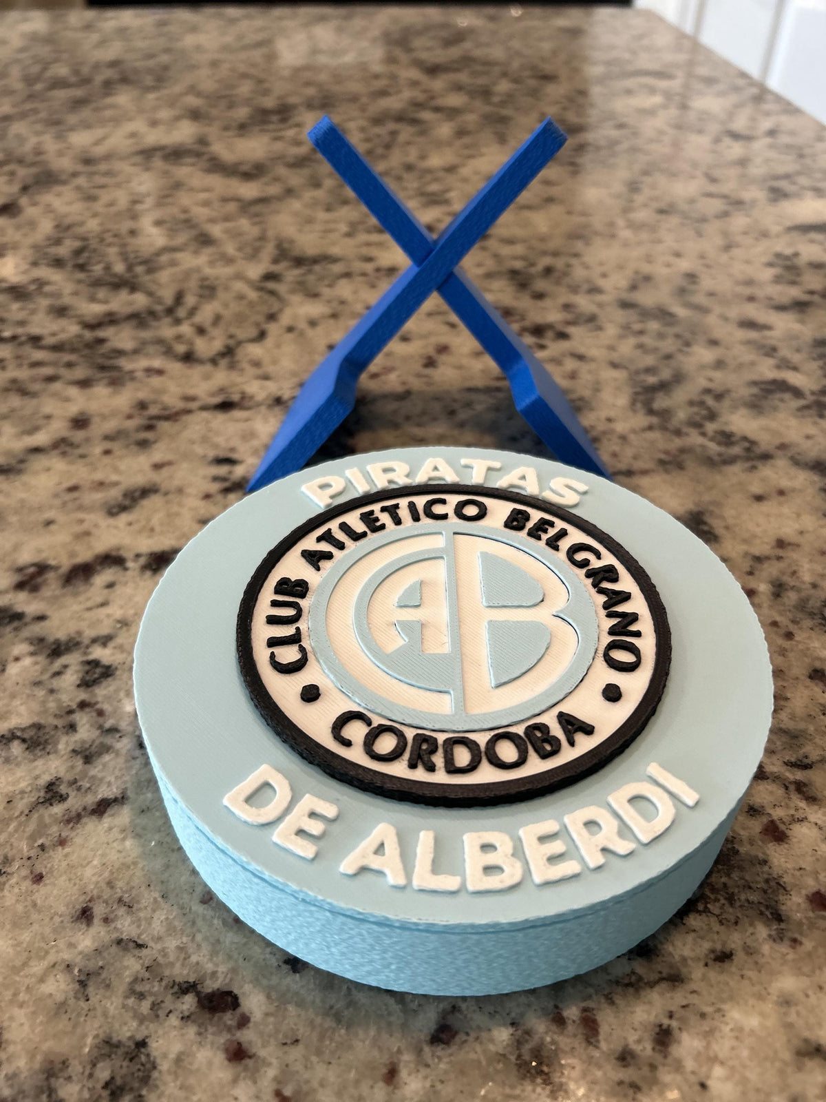Belgrano Cordoba 3D printed round display medallion with stand and hidden stash boxEl Pirata Argentine soccer fan gift, made in USA
