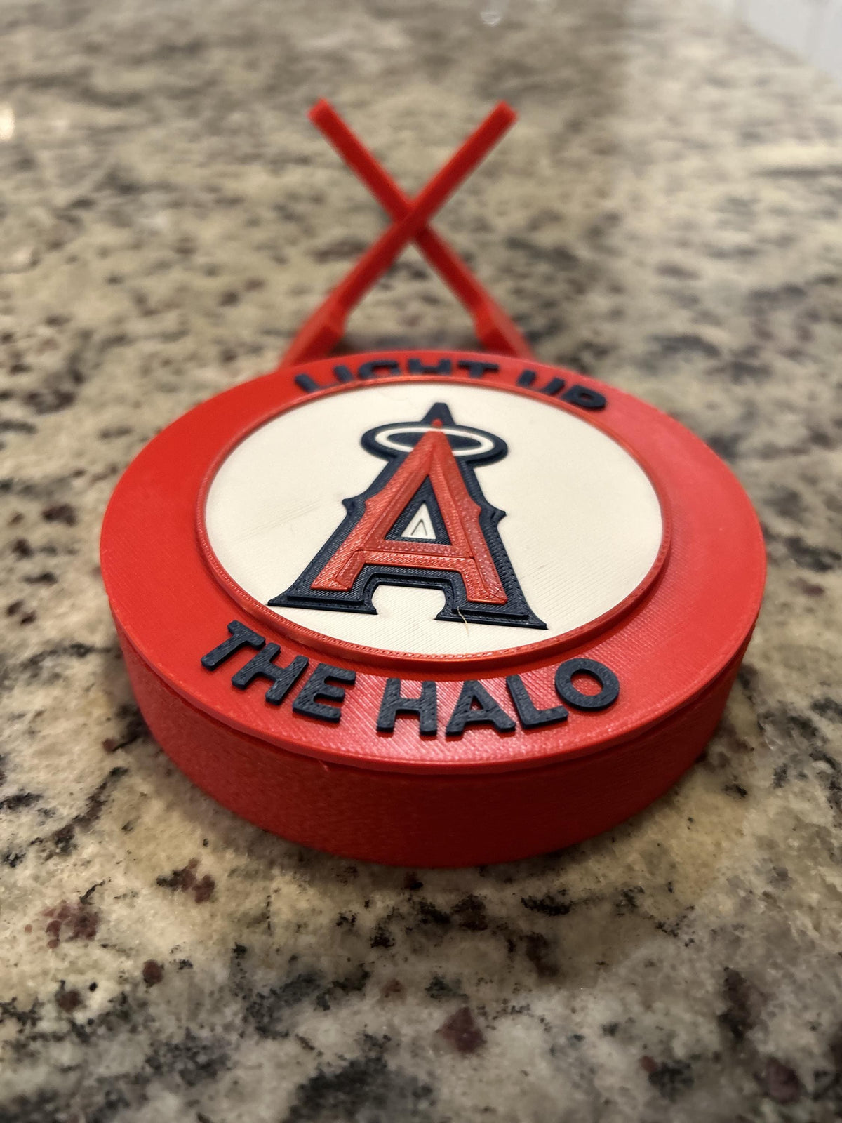 Anaheim Angels 3D printed round display medallion with stand and hidden stash boxLight Up the Halo MLB baseball fan gift, made in USA