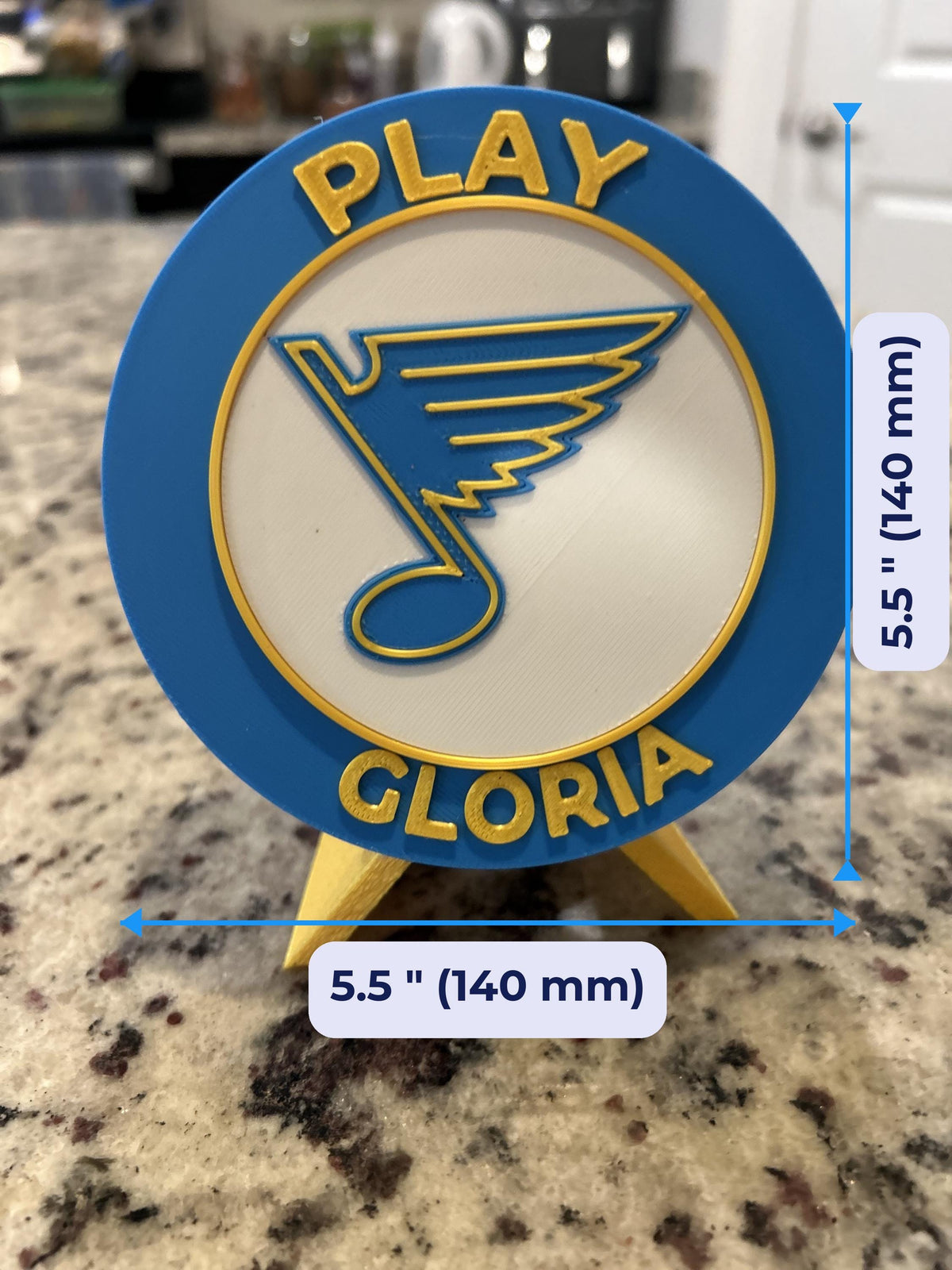Size guide: St Louis Blues Personalized Desk Display with Stand 5.5 inches (140 mm) across, about 1 inch deep on the stand
