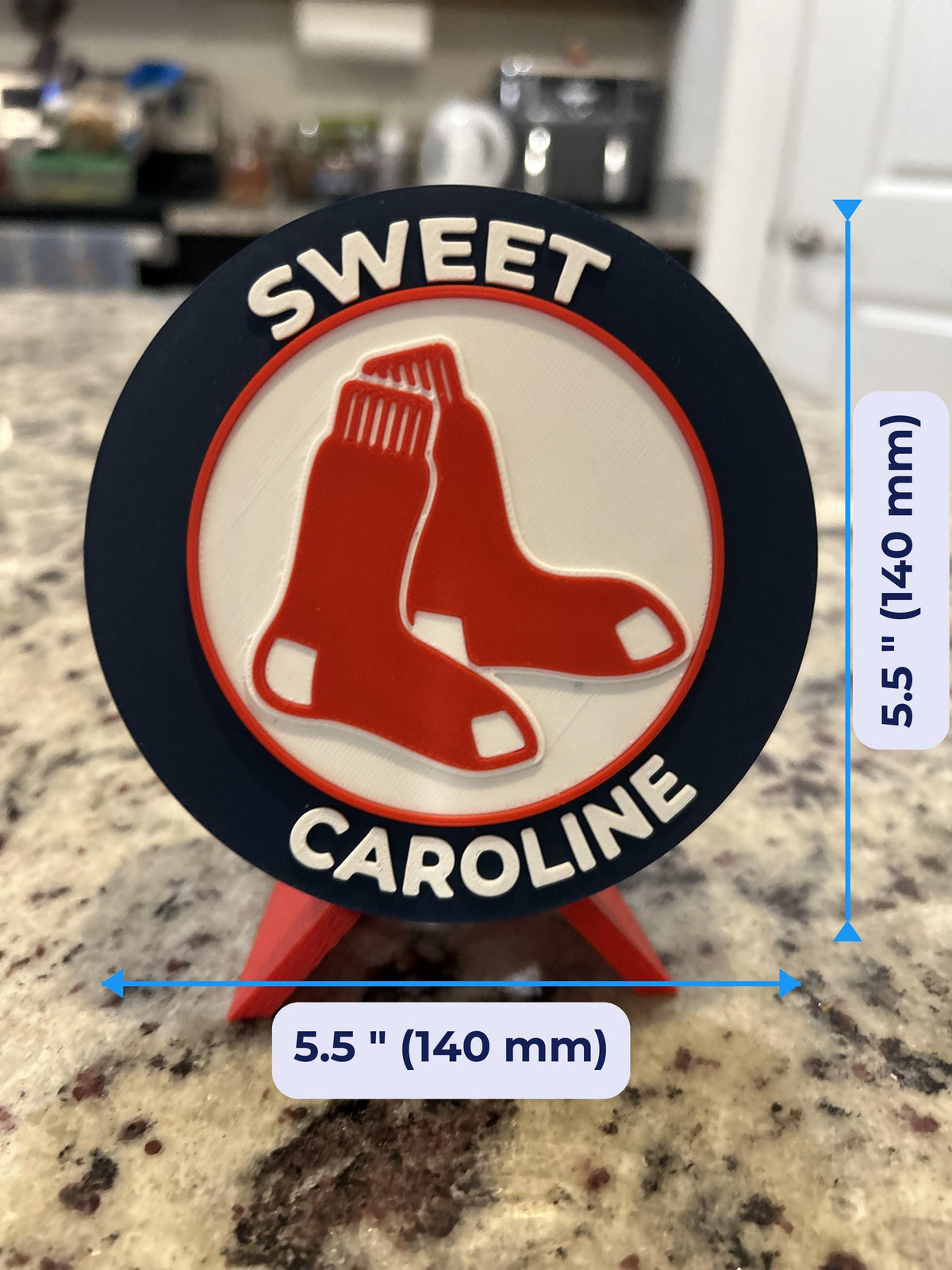 Size guide: Boston Red Sox Personalized Desk Display with Stand 5.5 inches (140 mm) across, about 1 inch deep on the stand