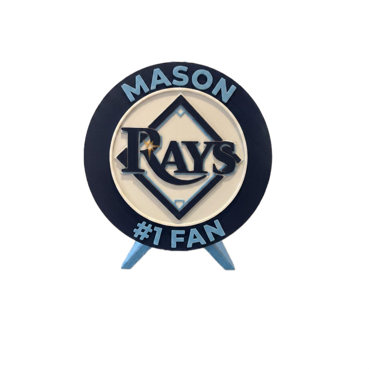 Personalized example with the name MASON on top and #1 FAN on the bottom, 3D printed to order