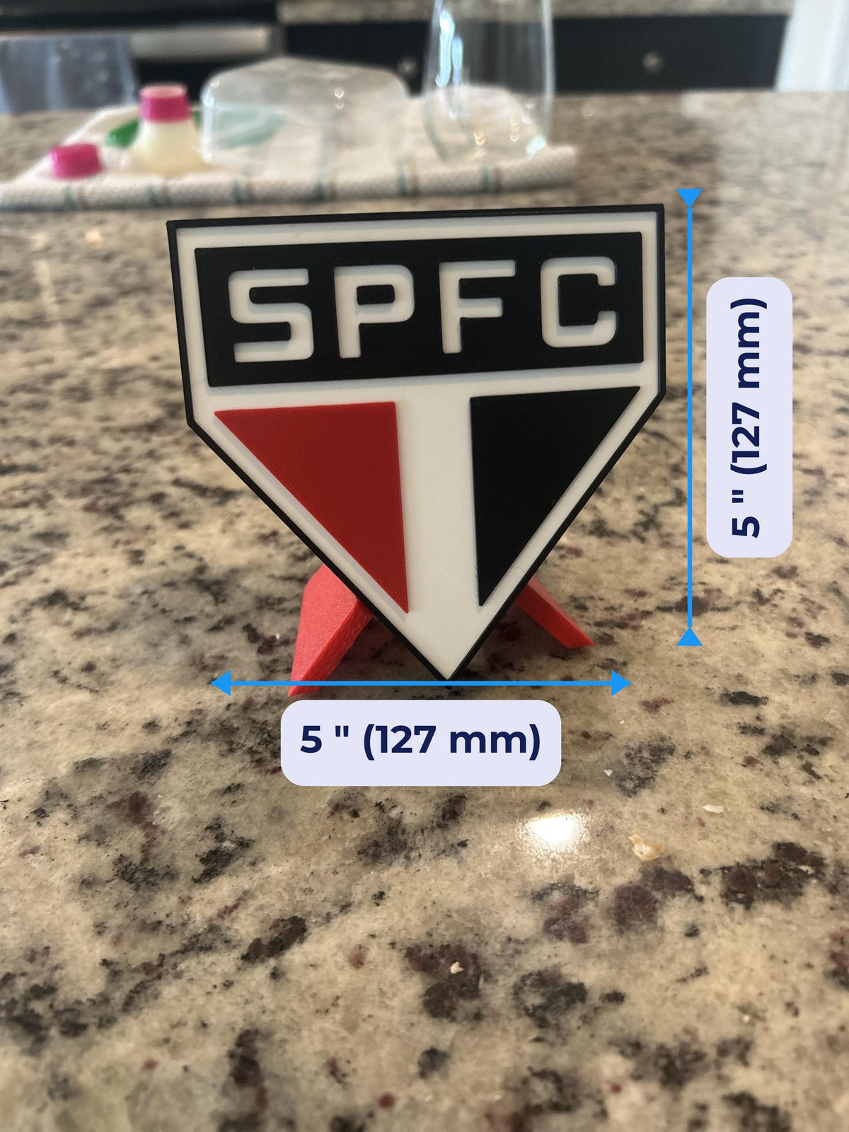 Sao Paulo FC 3D escudo display size chart, approx 5 inches tall by 5 inches wide, Brazilian soccer fan gift