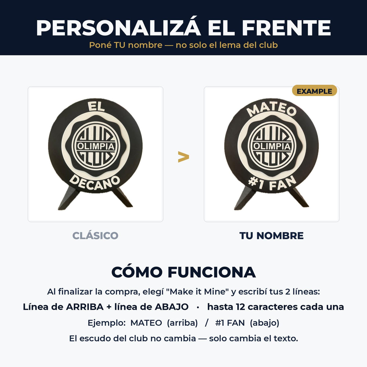 Personaliza tu medalla de Club Olimpia: cambia el lema por tu nombre arriba y una linea corta abajo, hasta 12 caracteres