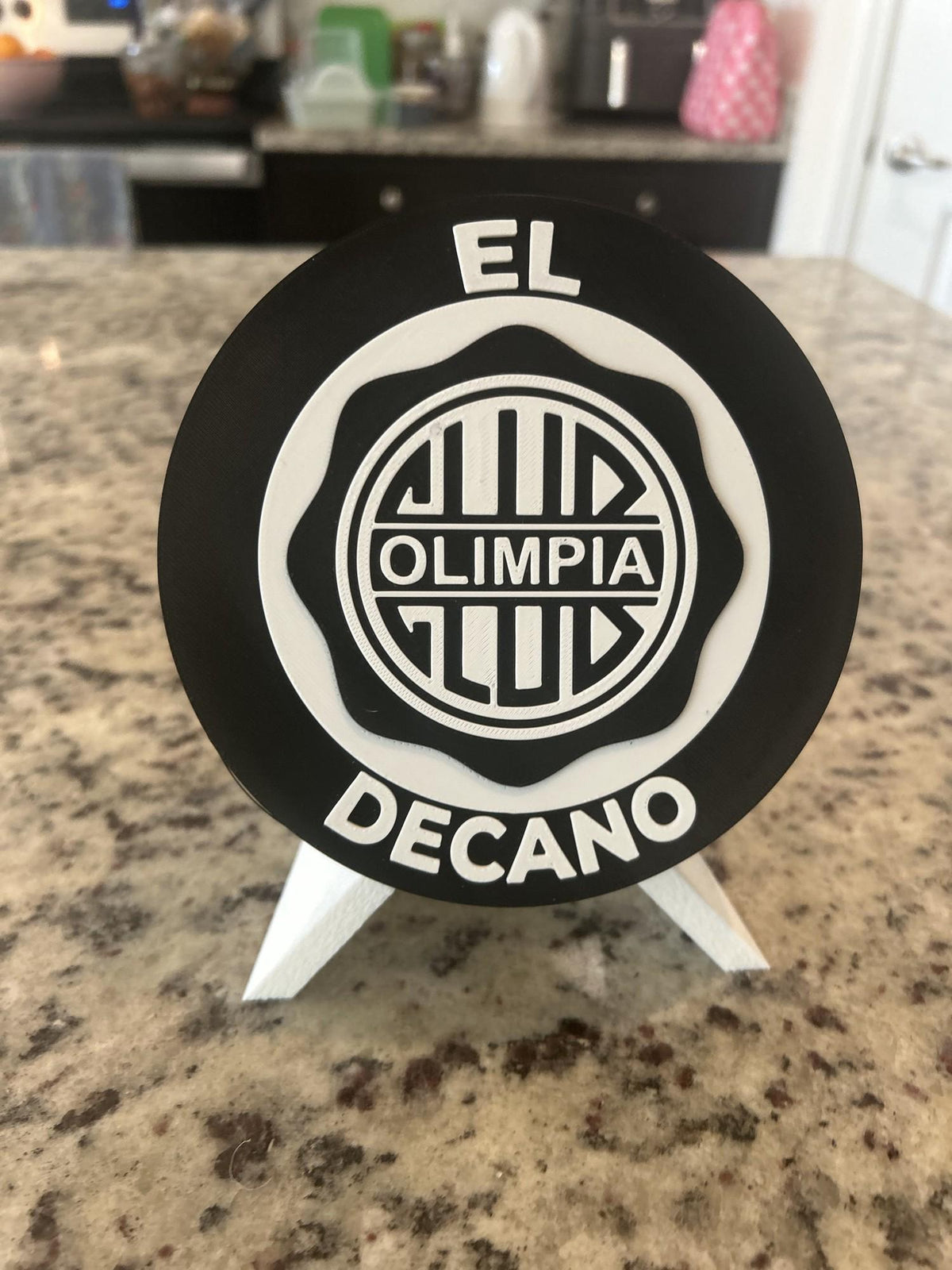 Club Olimpia 3D printed medallion angled view on standfan decor, made in USA