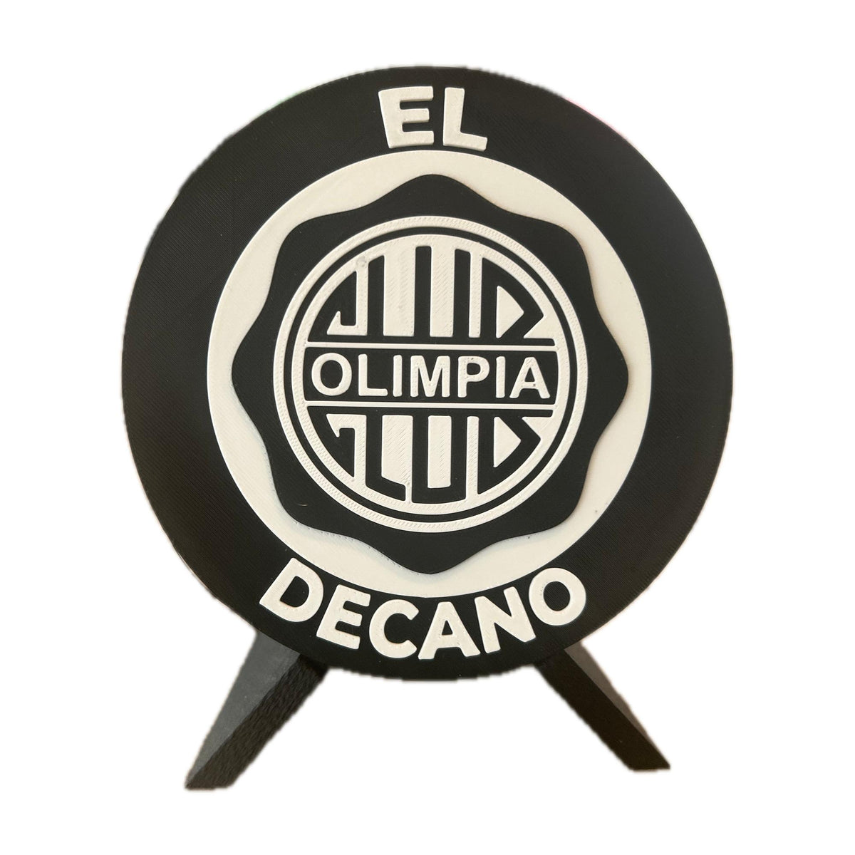 Club Olimpia 3D printed round display medallion with stand, studio white background, made in USA
