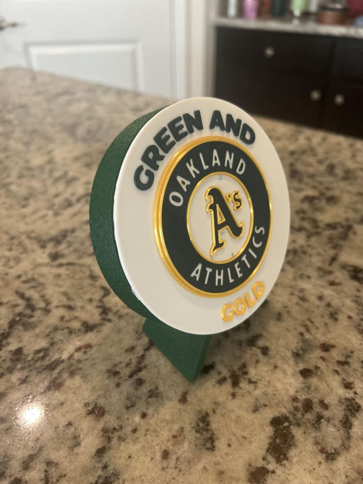 Oakland Athletics 3D printed medallion on its display standfan decor, made in USA