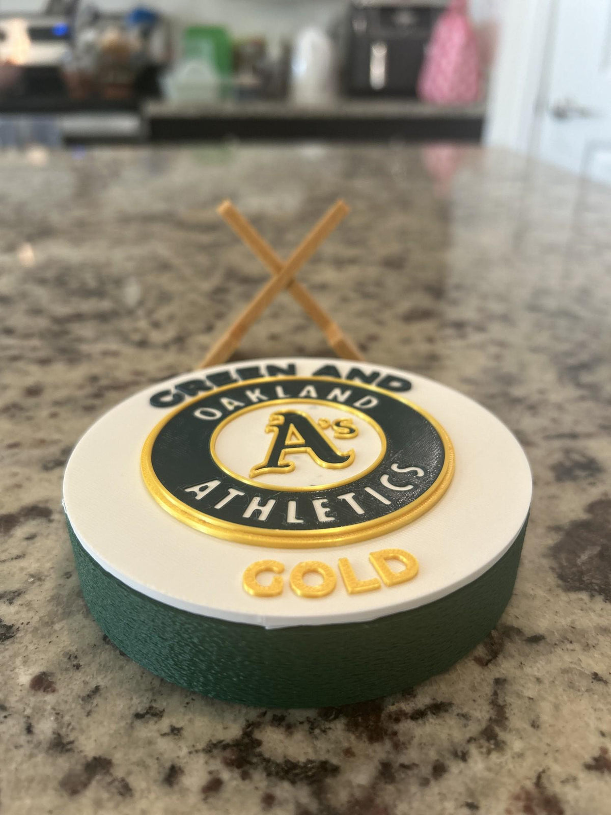 Oakland Athletics 3D printed medallion angled view on standfan decor, made in USA