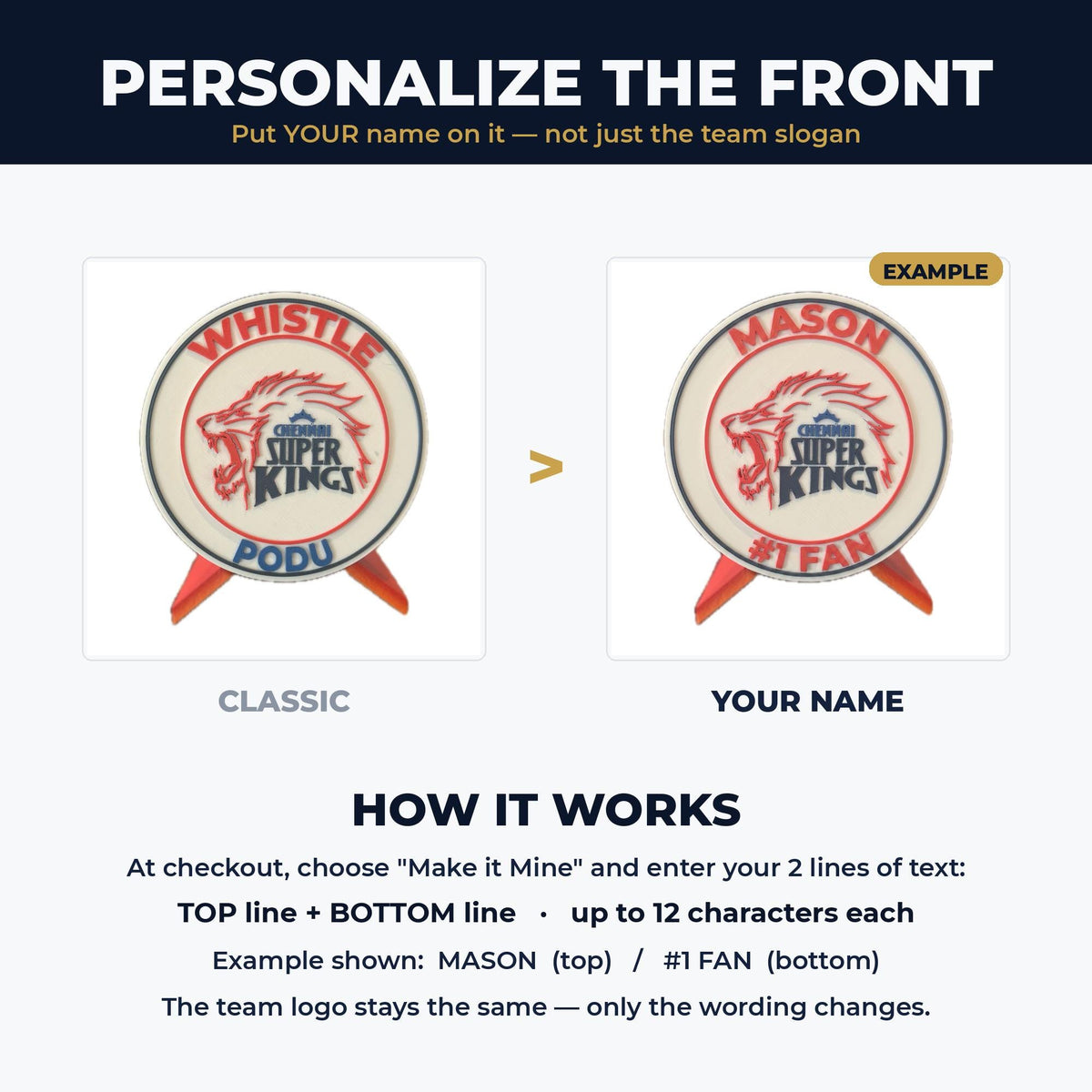 How to personalize your Chennai Super Kings medallion: swap the front slogan for your name on top and a short line below, up to 12 characters each