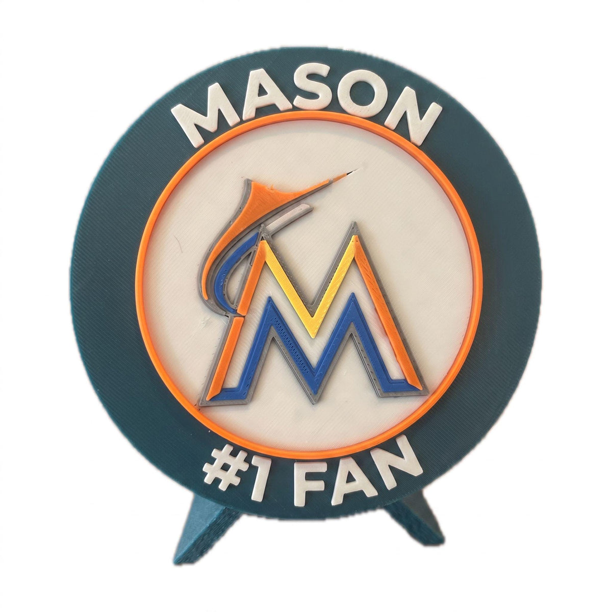Miami Marlins 3D printed medallion personalized example with a custom name on the frontfan gift, made in USA