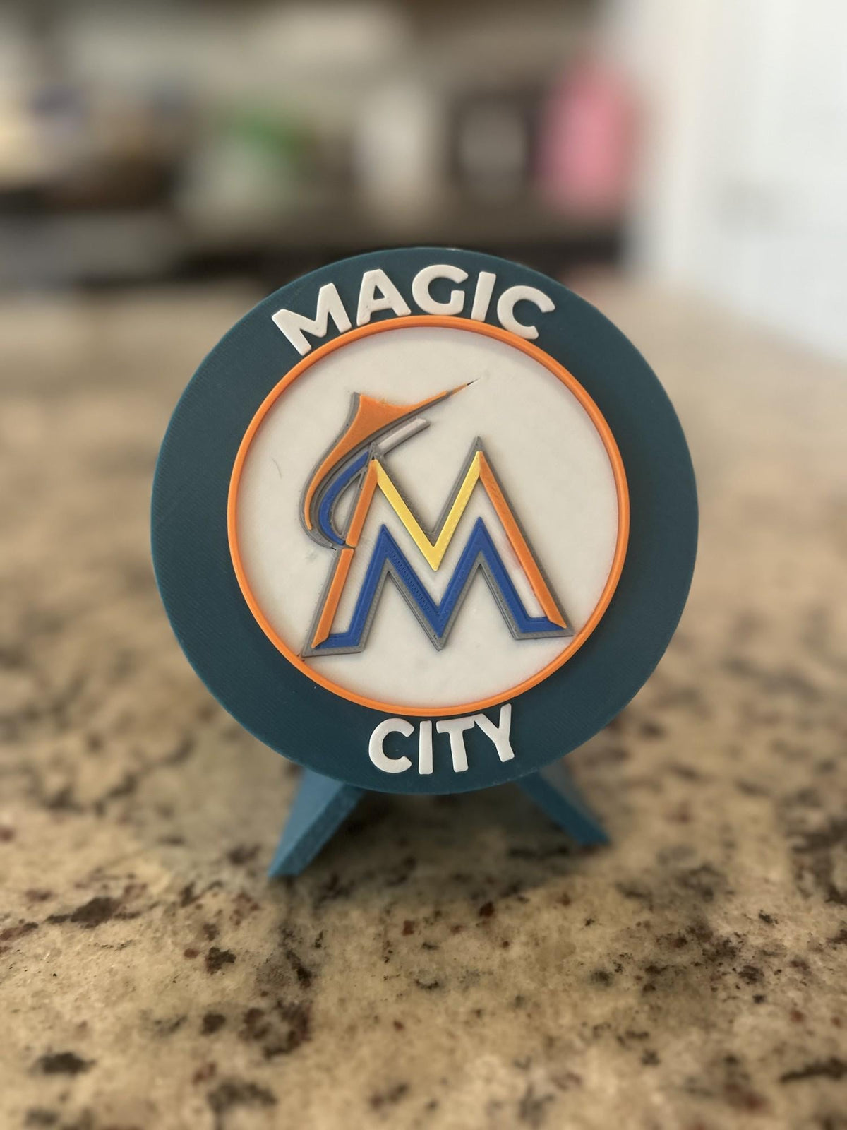 Miami Marlins 3D printed medallion angled view on standfan decor, made in USA