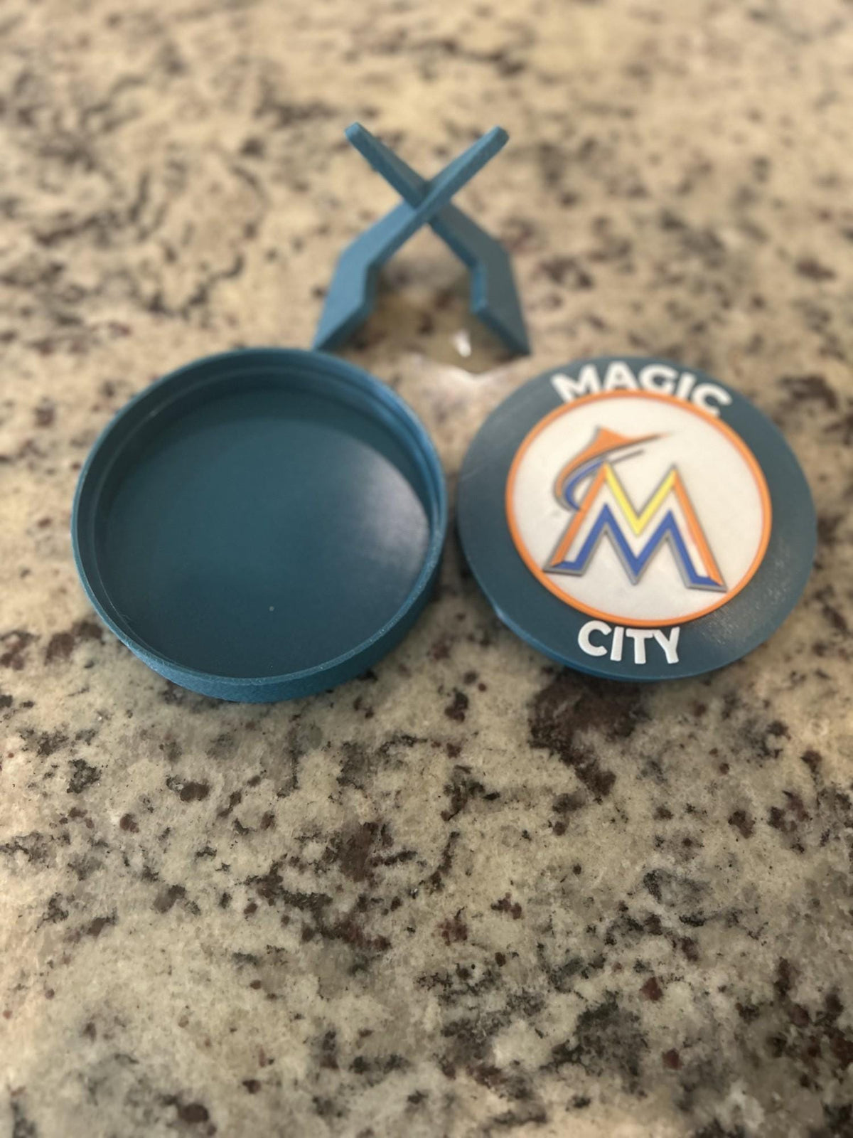Miami Marlins 3D printed medallion open showing the hidden stash box inside, made in USA