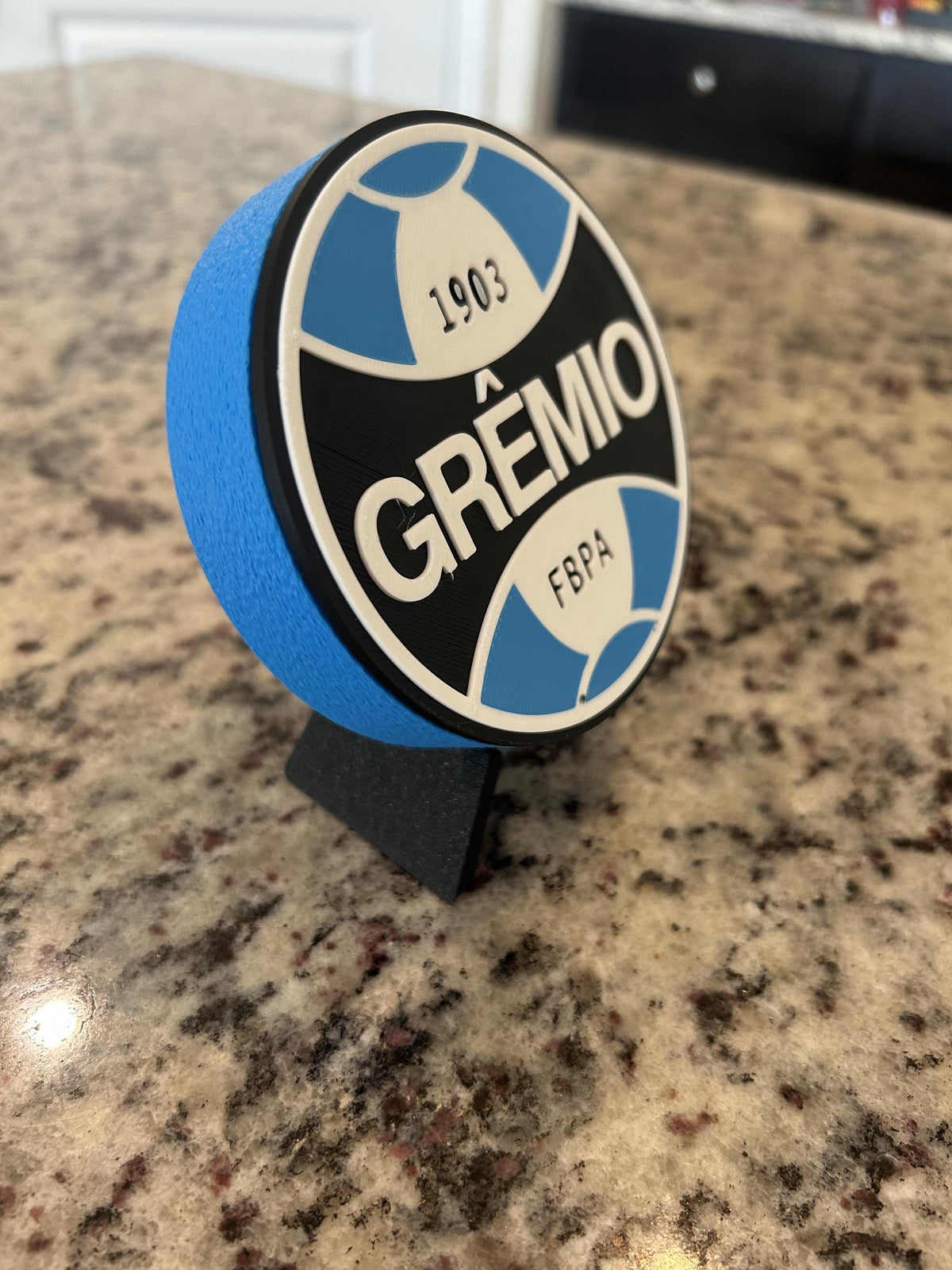 Gremio 3D printed round display medallion with stand and hidden stash box, presente torcedor Tricolor Gaucho, Brazilian soccer fan gift made in USA