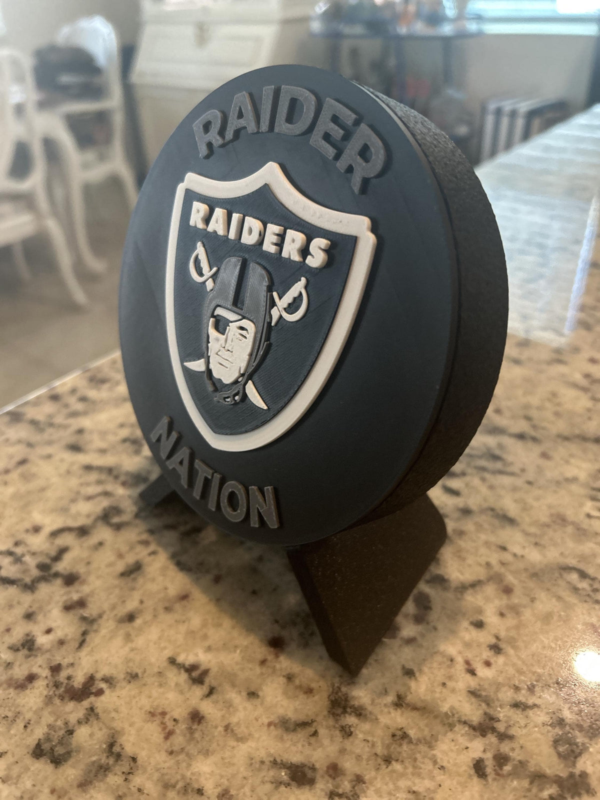 Las Vegas Raiders 3D printed round display medallion with stand and hidden stash boxRaider Nation NFL fan gift, made in USA