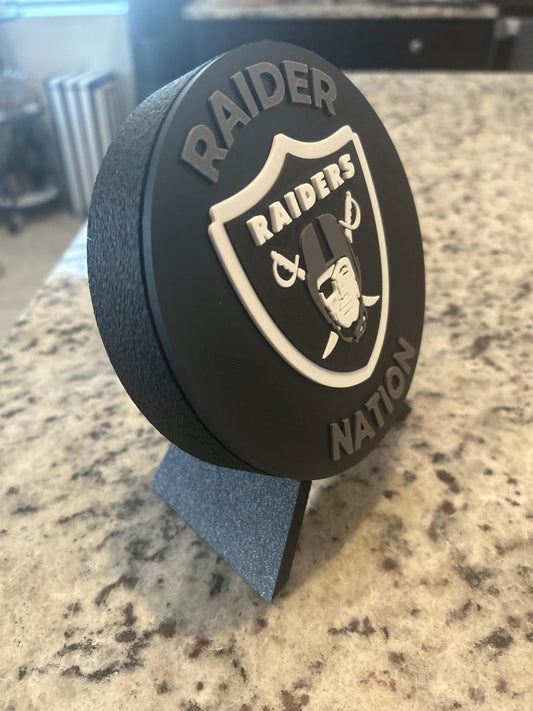 Las Vegas Raiders 3D printed round display medallion with stand and hidden stash boxRaider Nation NFL fan gift, made in USA
