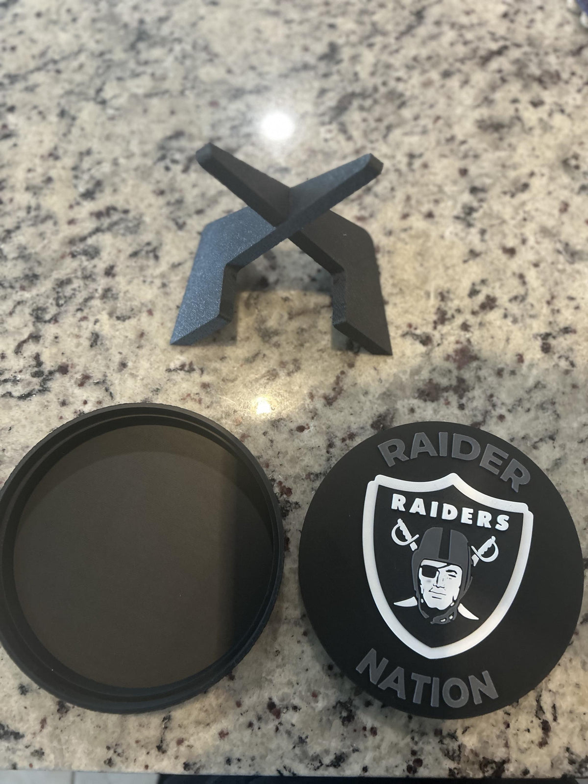 Las Vegas Raiders 3D printed round display medallion with stand and hidden stash boxRaider Nation NFL fan gift, made in USA