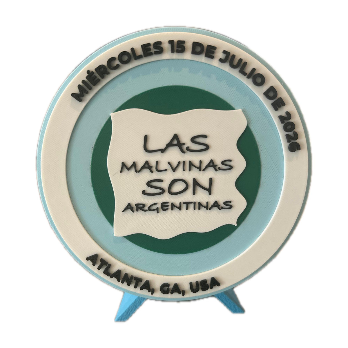 Las Malvinas Son Argentinas 3D printed commemorative display medallion with stand and stash box, Argentina flag banner, made in USA