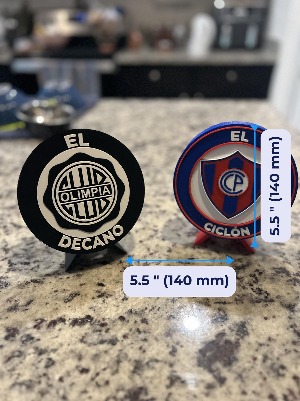 Size guide: 3D Printed Paraguay Clasico Medallions 5.5 inches (140 mm) across, about 1 inch deep on the stand