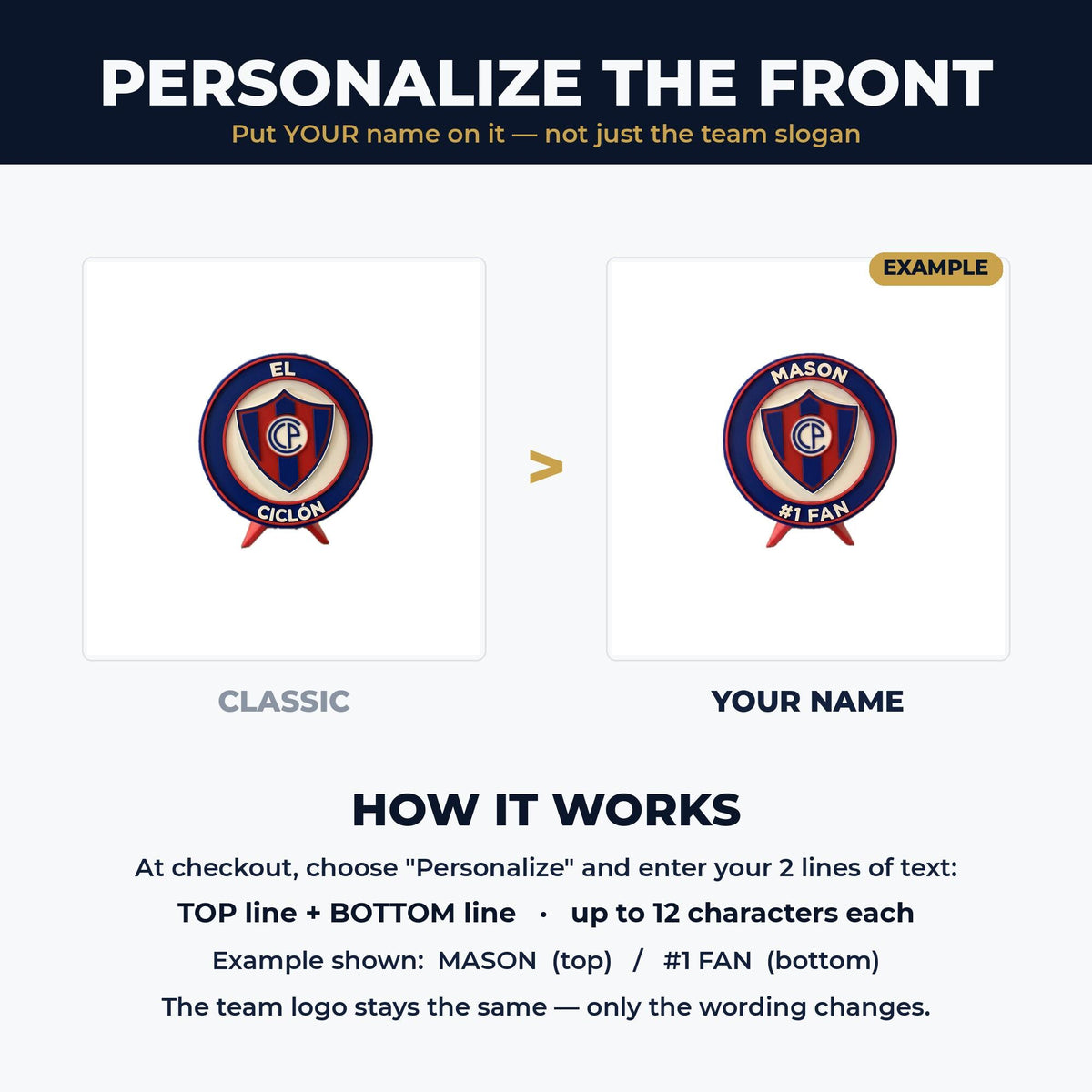 How to personalize: your name on top and #1 Fan on the bottom, custom 3D printed