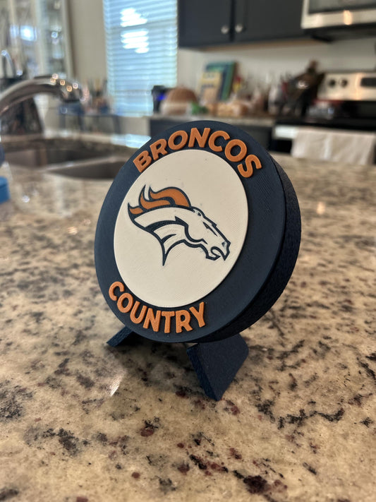 Denver Broncos 3D printed round display medallion with stand and hidden stash boxBroncos Country NFL fan gift, made in USA