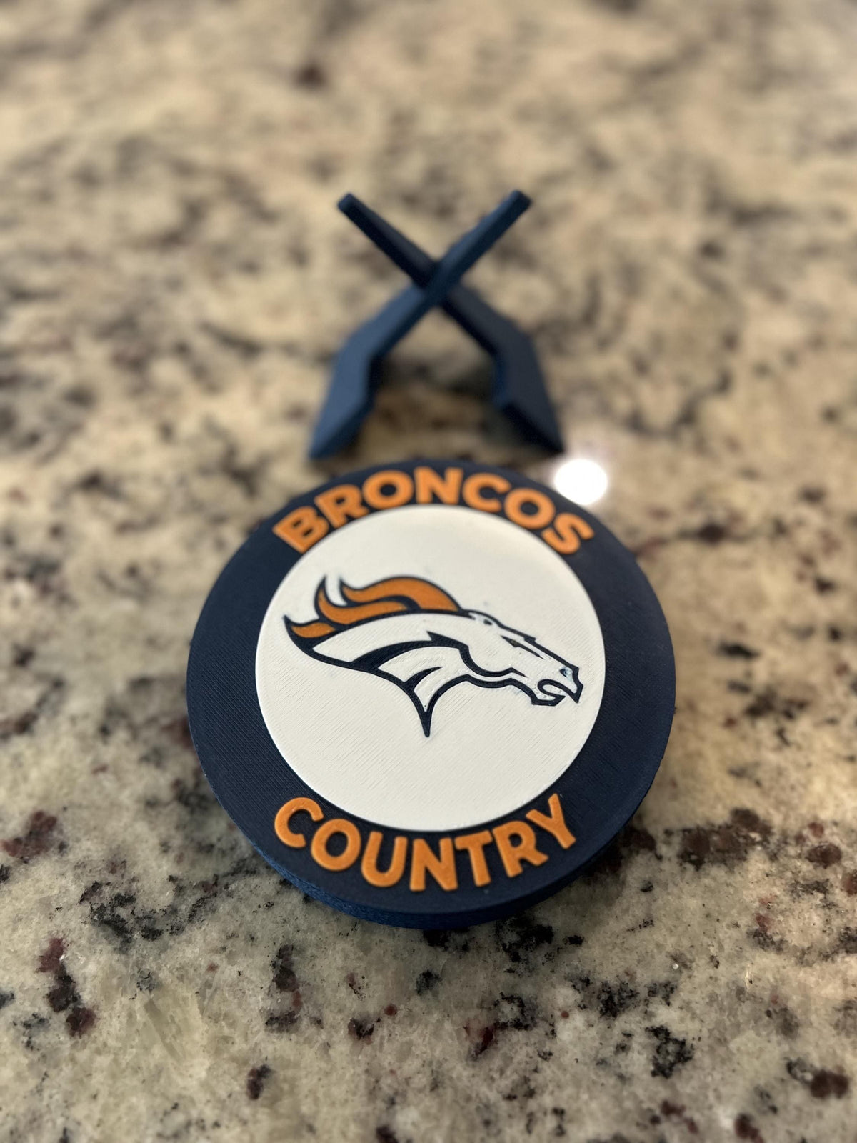 Denver Broncos 3D printed round display medallion with stand and hidden stash boxBroncos Country NFL fan gift, made in USA
