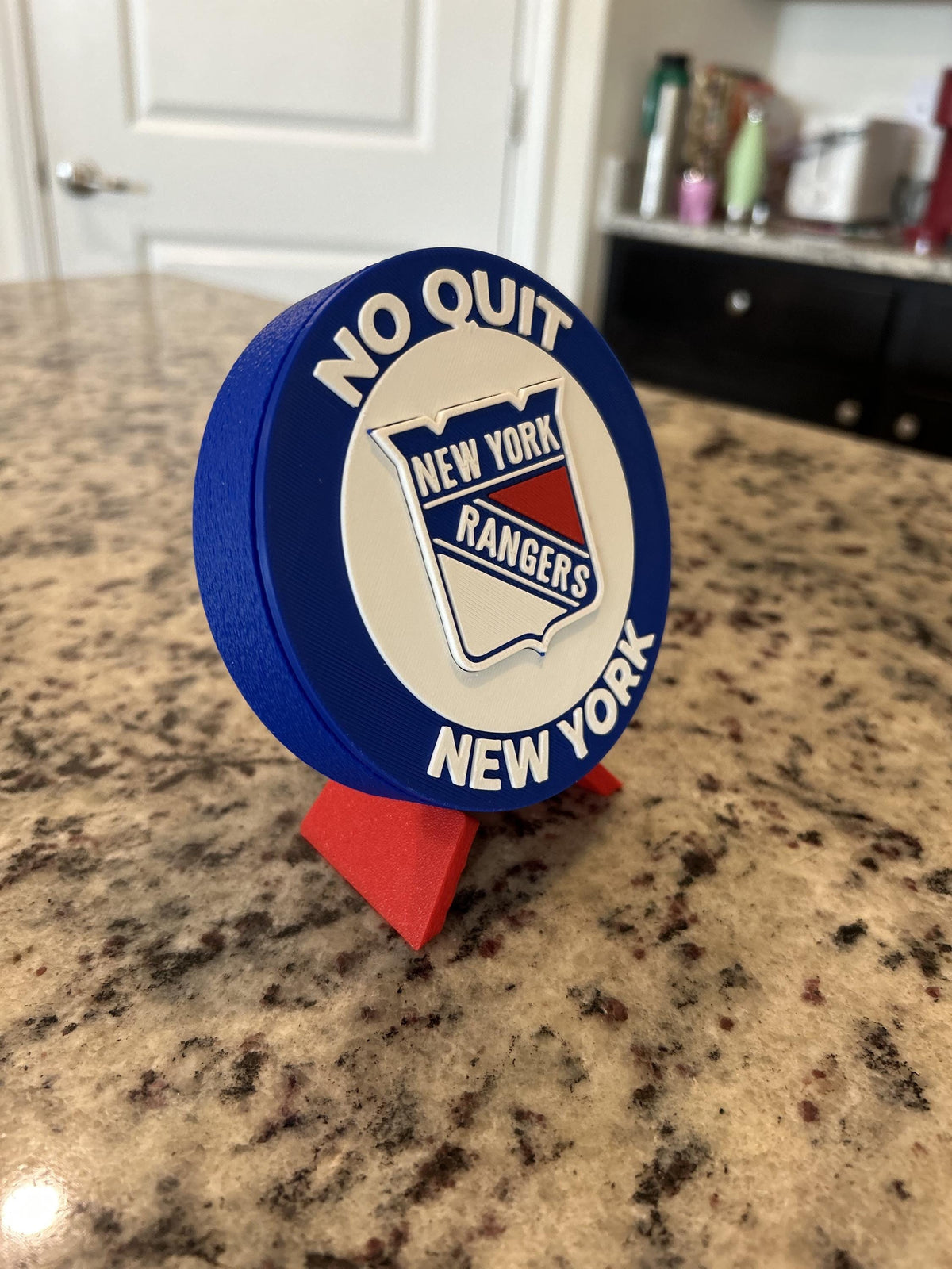 New York Rangers 3D printed round display medallion with stand and hidden stash boxRangers NHL hockey fan gift, made in USA