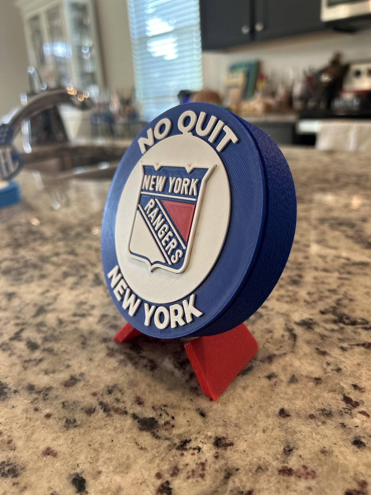 New York Rangers 3D printed round display medallion with stand and hidden stash boxRangers NHL hockey fan gift, made in USA