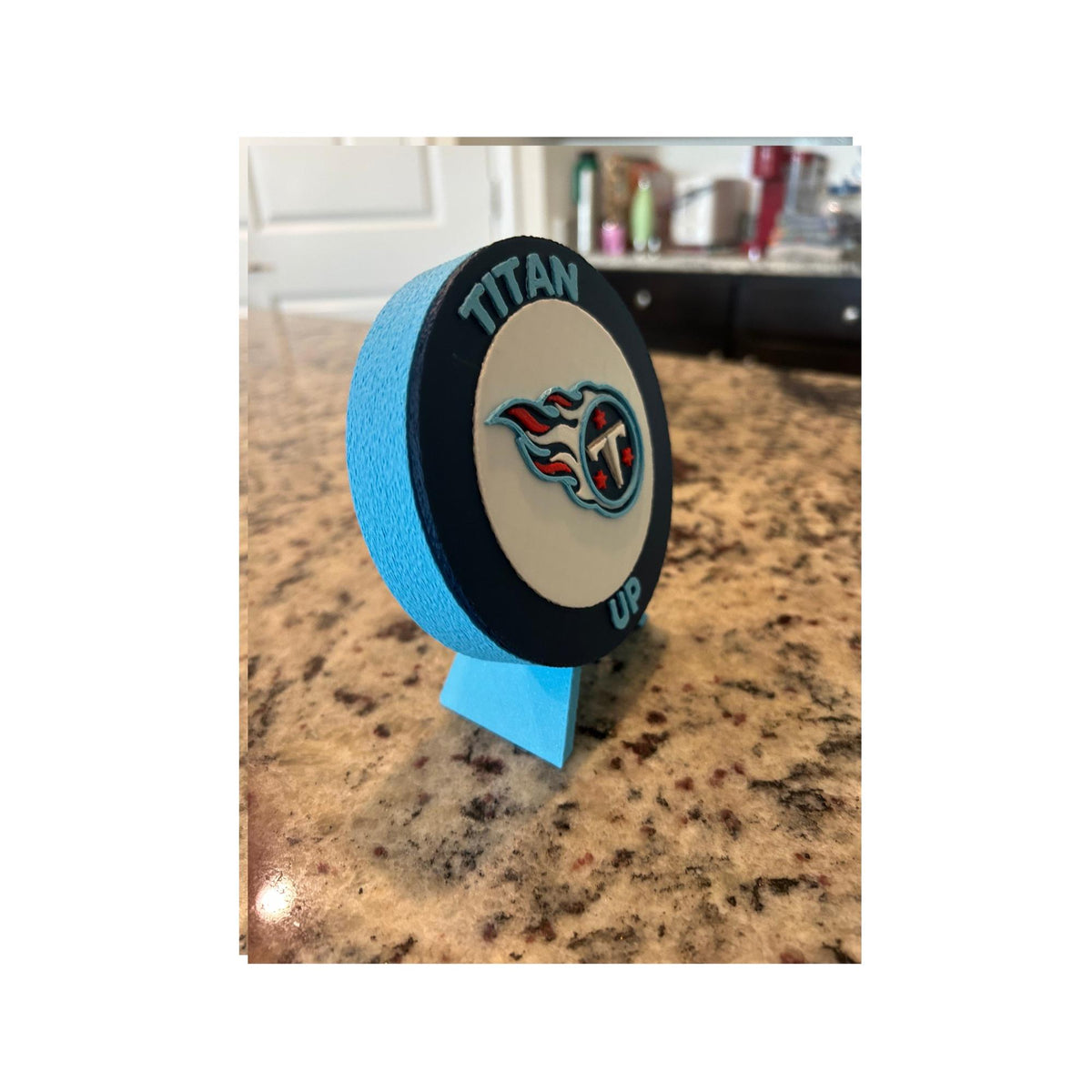 Tennessee Titans 3D printed round display medallion with stand and hidden stash box, Titan Up NFL fan gift, made in USA
