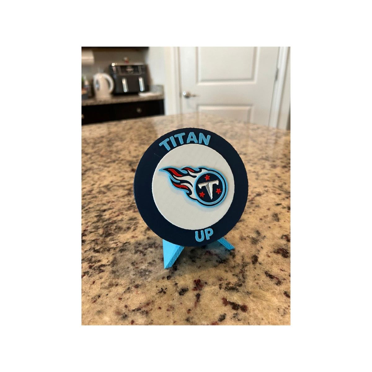Tennessee Titans 3D printed round display medallion with stand and hidden stash box, Titan Up NFL fan gift, made in USA
