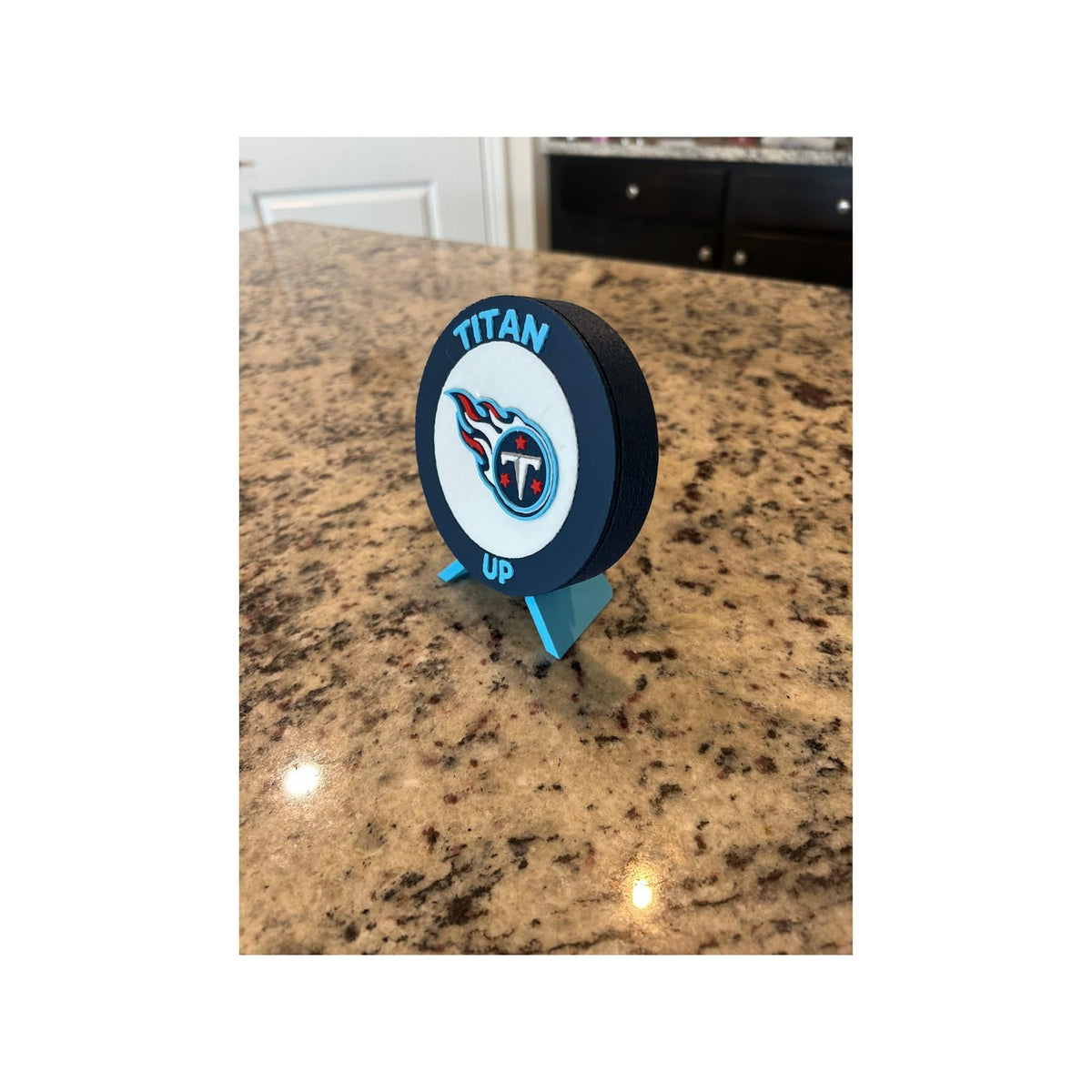 Tennessee Titans 3D printed round display medallion with stand and hidden stash box, Titan Up NFL fan gift, made in USA