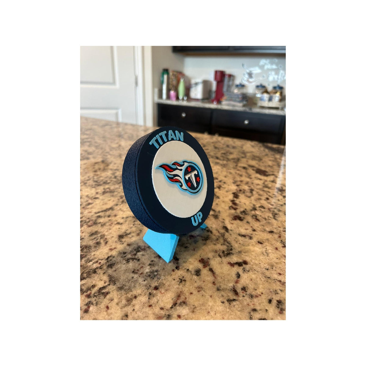 Tennessee Titans 3D printed round display medallion with stand and hidden stash box, Titan Up NFL fan gift, made in USA