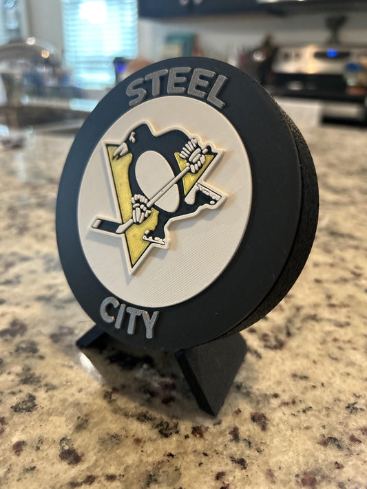 Pittsburgh Penguins 3D printed round display medallion with stand and hidden stash boxSteel City NHL hockey fan gift, made in USA