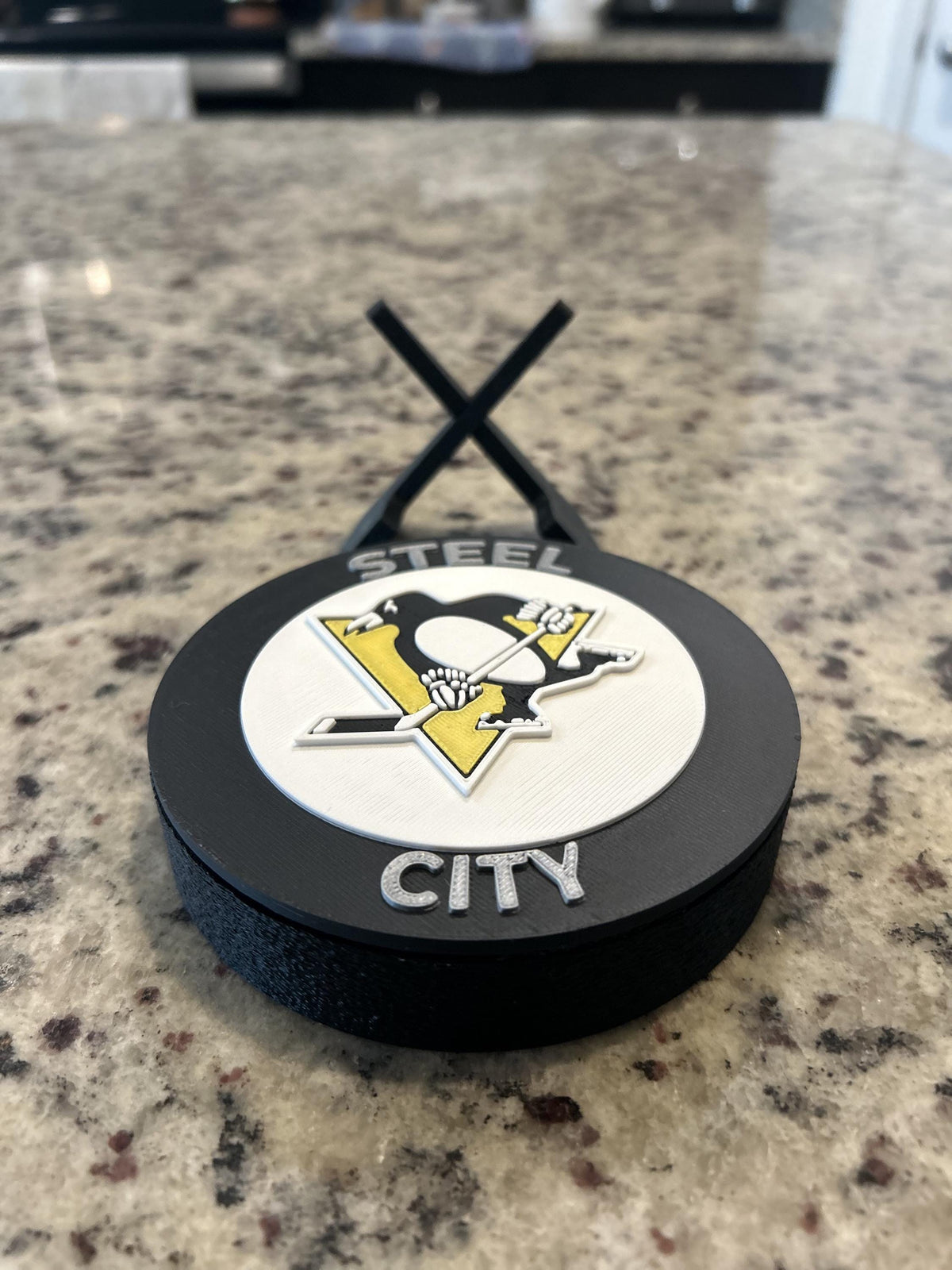 Pittsburgh Penguins 3D printed round display medallion with stand and hidden stash boxSteel City NHL hockey fan gift, made in USA