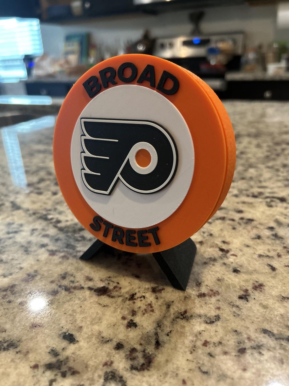 Philadelphia Flyers 3D printed round display medallion with stand and hidden stash boxBroad Street NHL hockey fan gift, made in USA