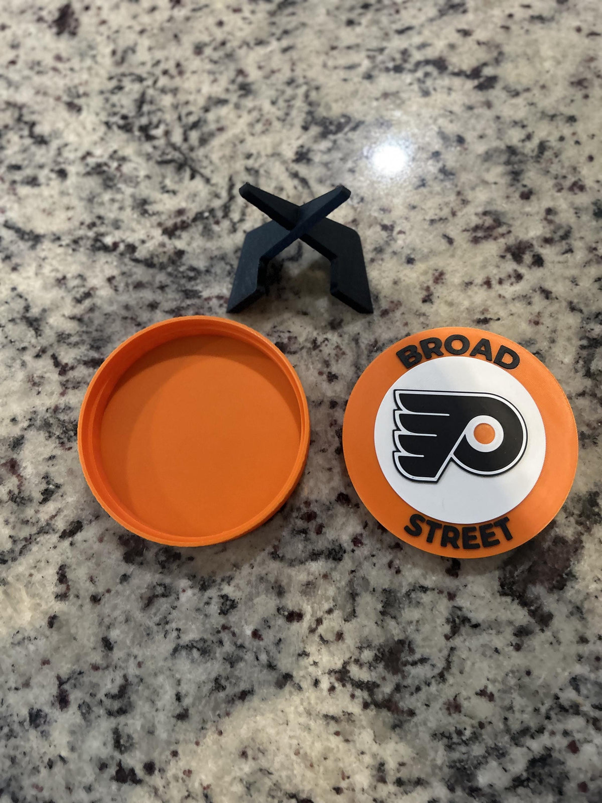 Philadelphia Flyers 3D printed round display medallion with stand and hidden stash boxBroad Street NHL hockey fan gift, made in USA