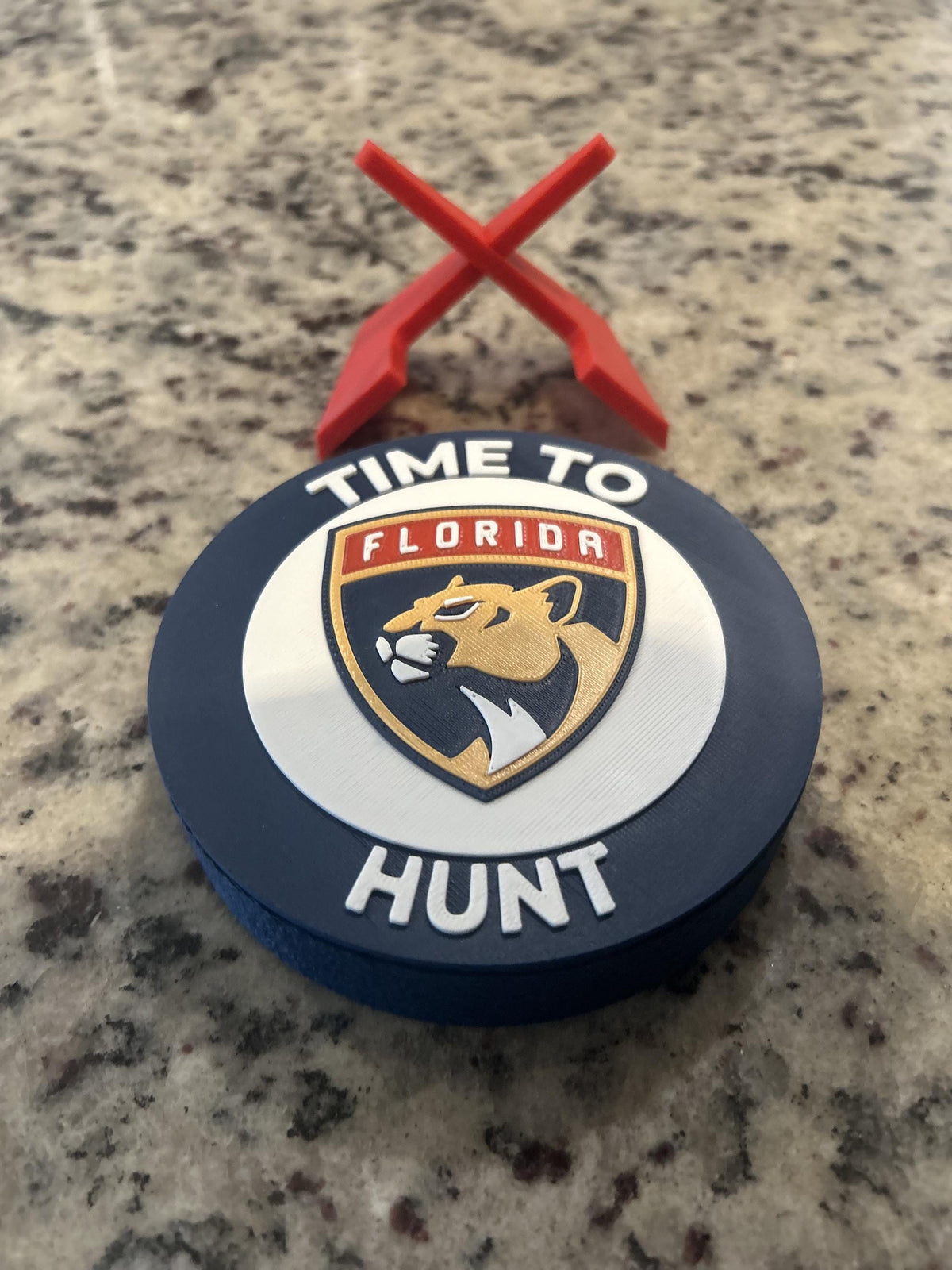 Florida Panthers 3D printed round display medallion with stand and hidden stash boxTime to Hunt NHL hockey fan gift, made in USA