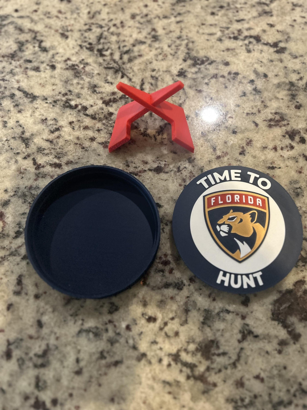 Florida Panthers 3D printed round display medallion with stand and hidden stash boxTime to Hunt NHL hockey fan gift, made in USA