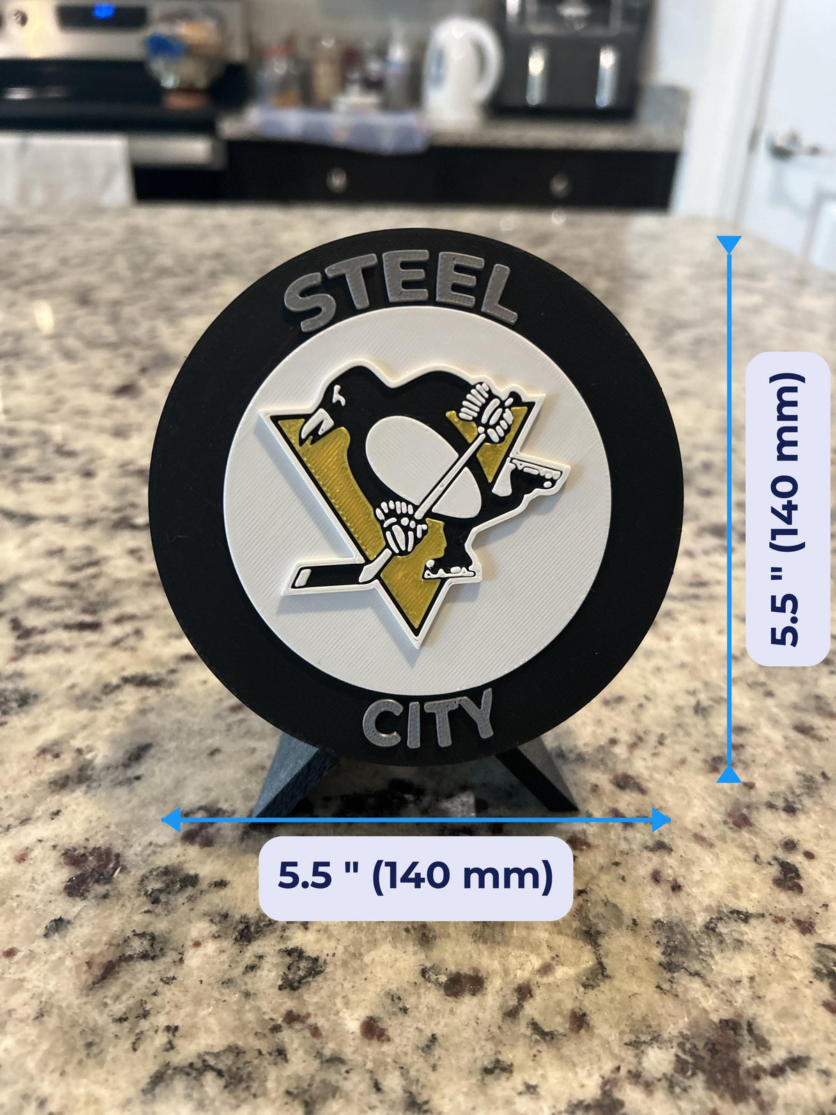 Pittsburgh Penguins 3D display size chart, approx 5.5 inch round medallion, NHL fan gift