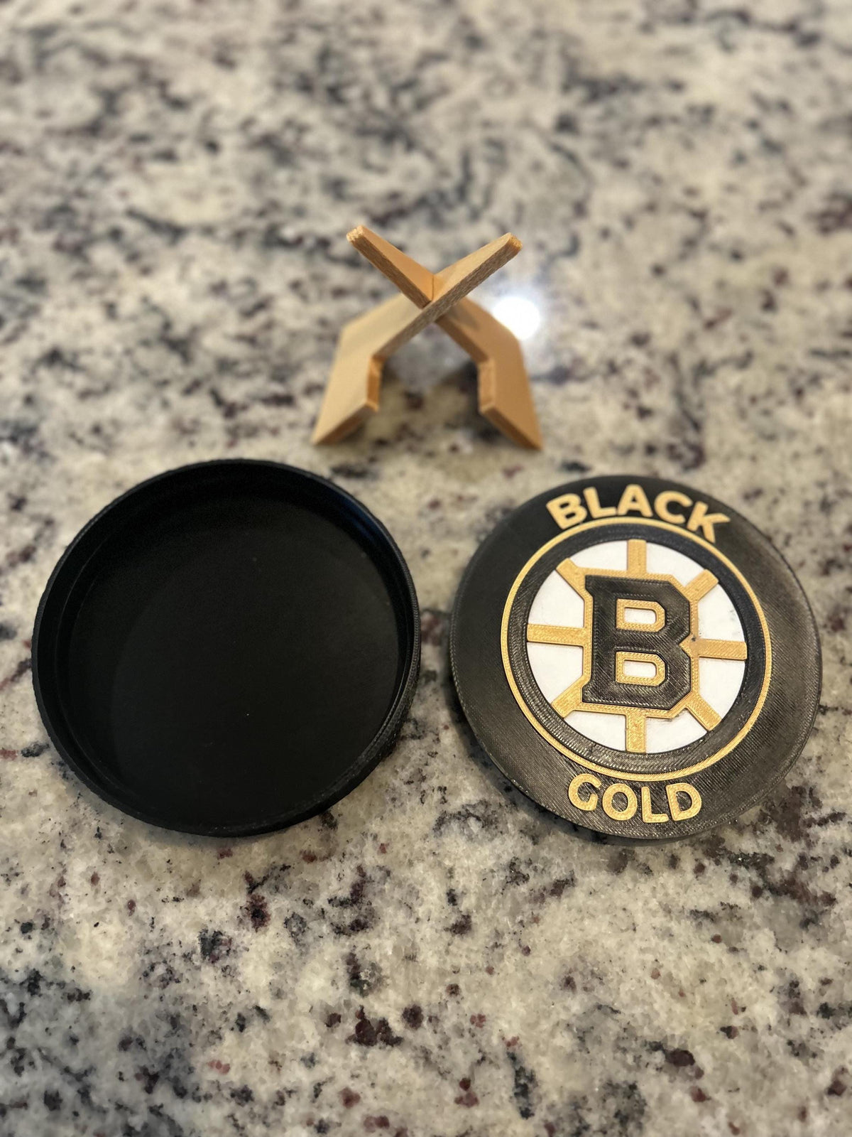 Boston Bruins 3D printed round display medallion with stand and hidden stash boxBlack and Gold NHL hockey fan gift, made in USA