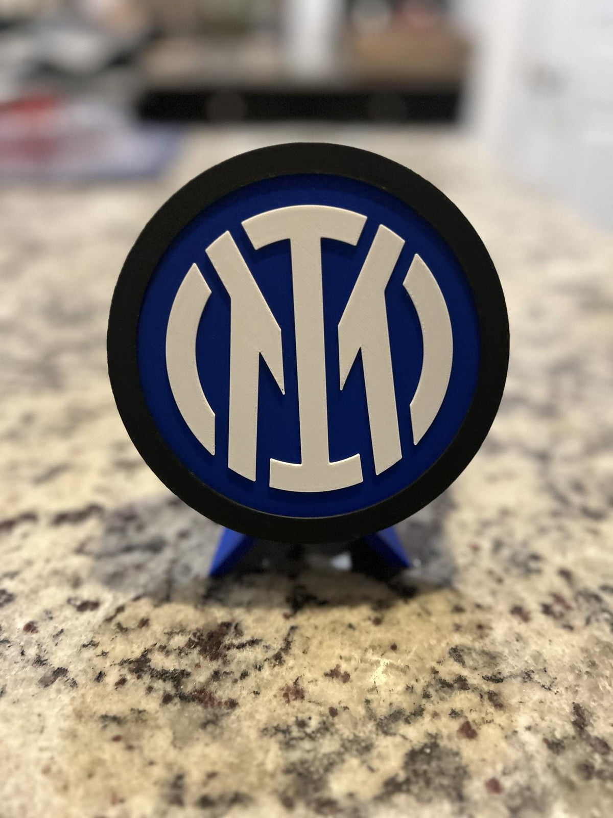 Inter Milan 3D printed round display medallion with stand and hidden stash boxNerazzurri Italian Serie A soccer fan gift, made in USA