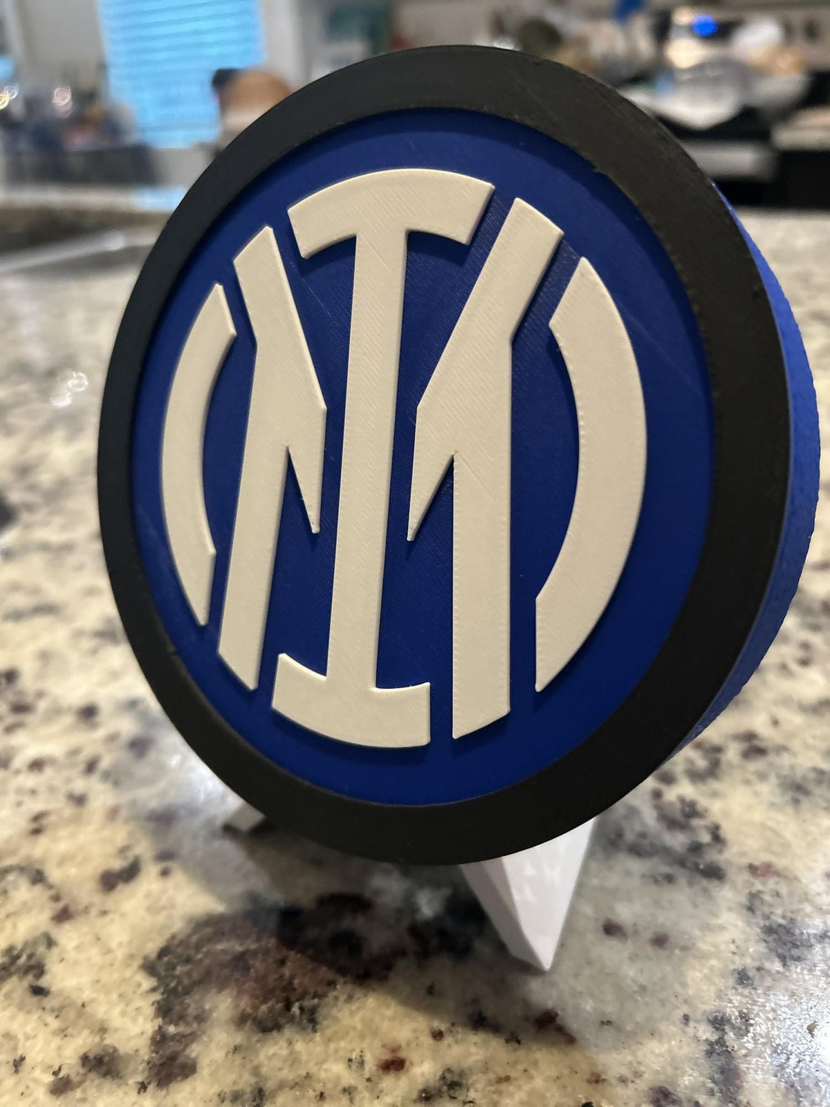 Inter Milan 3D printed round display medallion with stand and hidden stash boxNerazzurri Italian Serie A soccer fan gift, made in USA