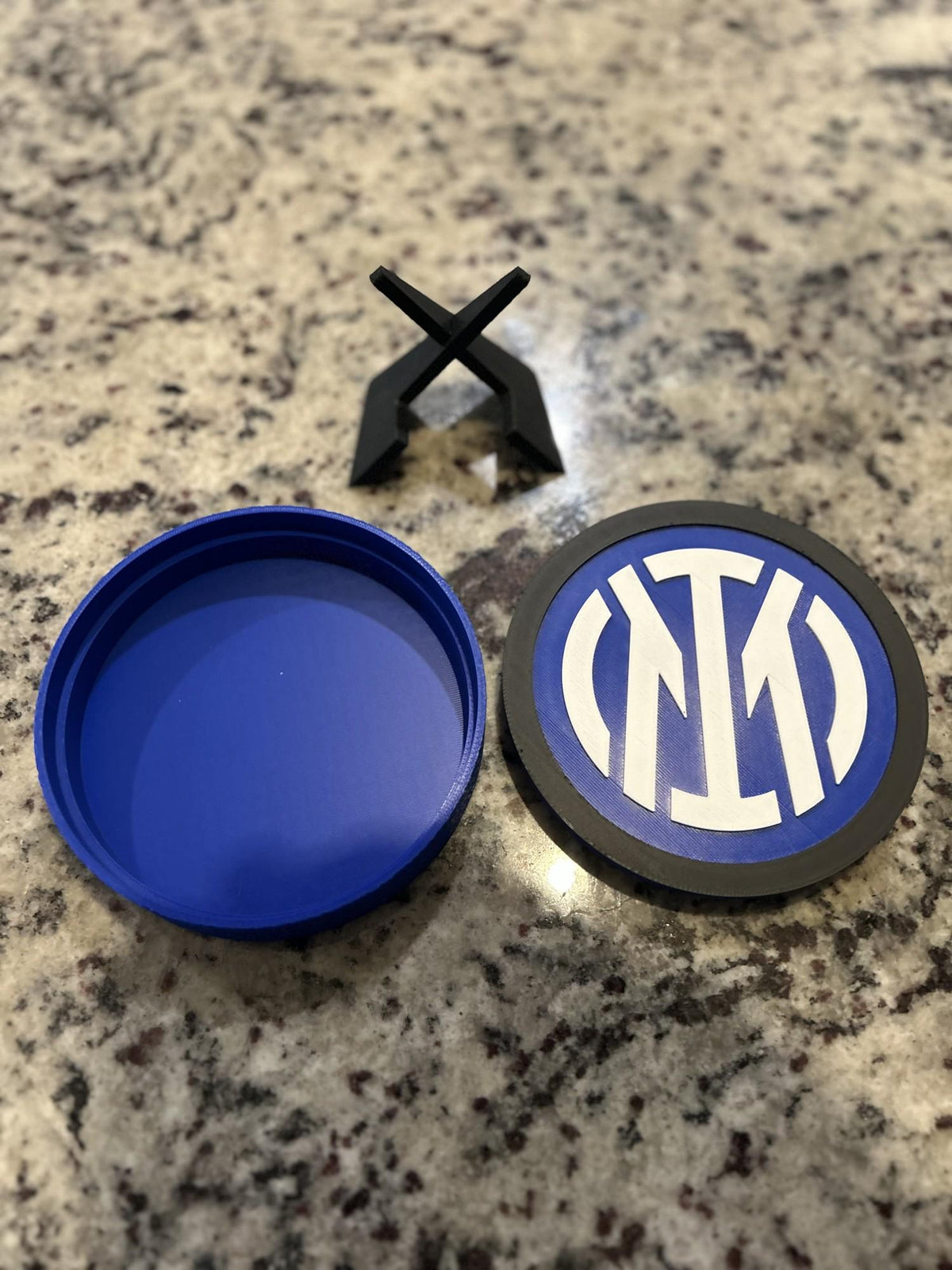 Inter Milan 3D printed round display medallion with stand and hidden stash boxNerazzurri Italian Serie A soccer fan gift, made in USA