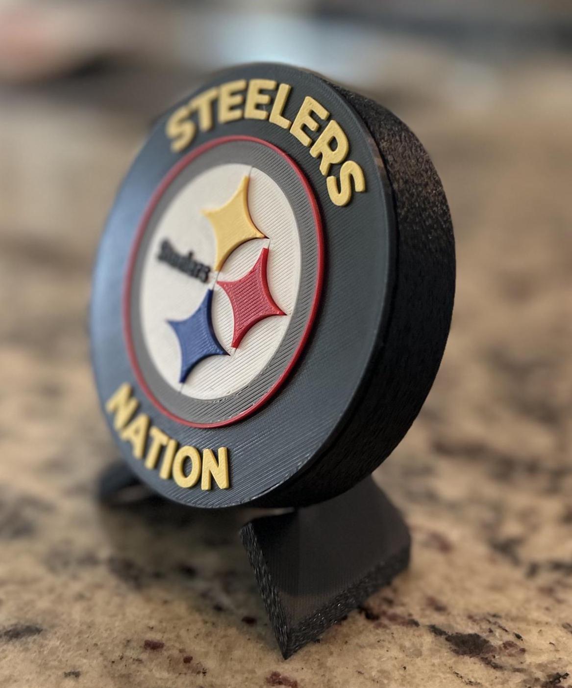 Pittsburgh Steelers 3D printed display medallion with stand and stash box, choose stand color, personalize the front, made in USA