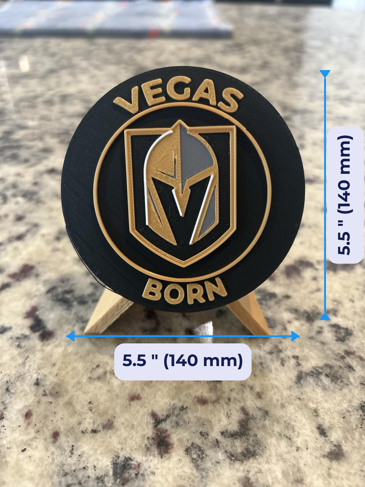 Size guide: Vegas Golden Knights round medallion is 5.5 inches (140 mm) across and about 1 inch (25 mm) deep on the display stand
