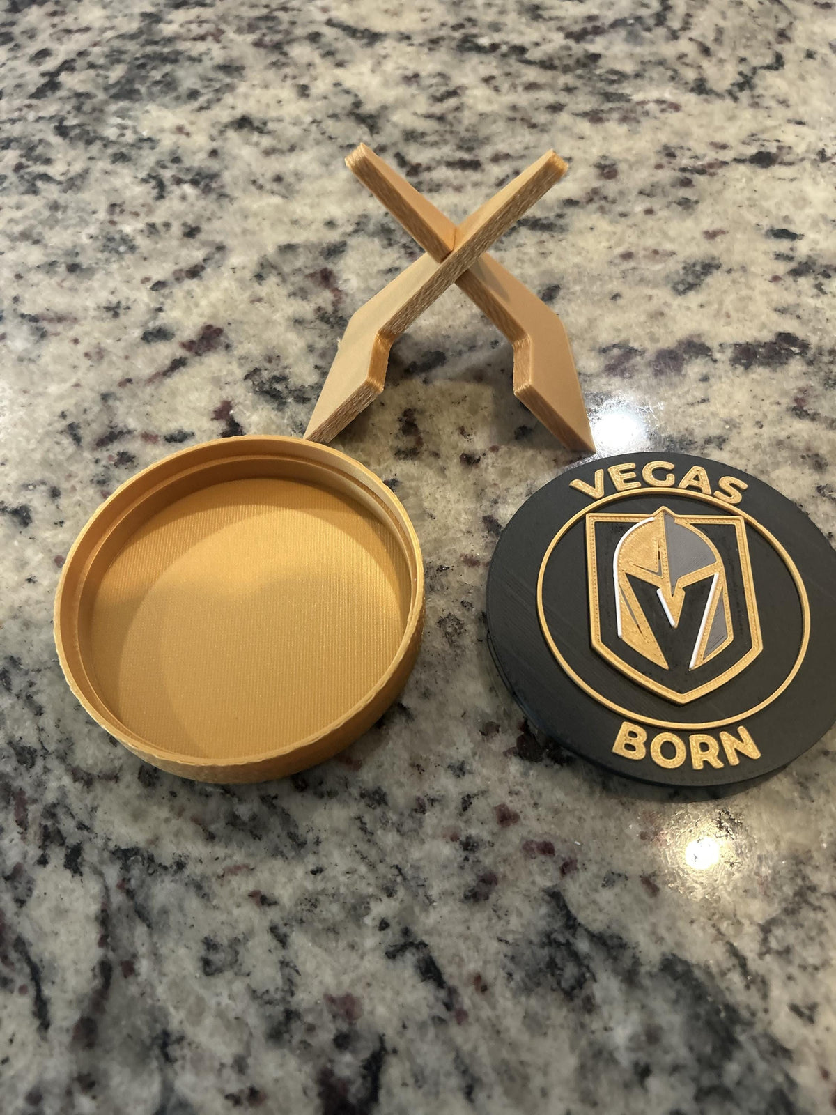 Vegas Golden Knights 3D printed round display medallion with stand and hidden stash boxfan gift, made in USA