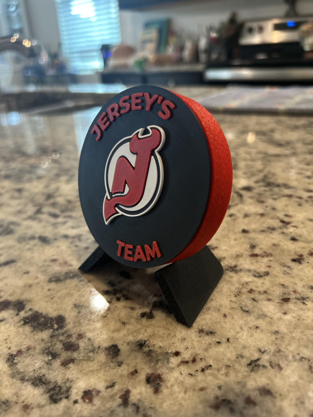 New Jersey Devils 3D printed round display medallion with stand and hidden stash boxfan gift, made in USA