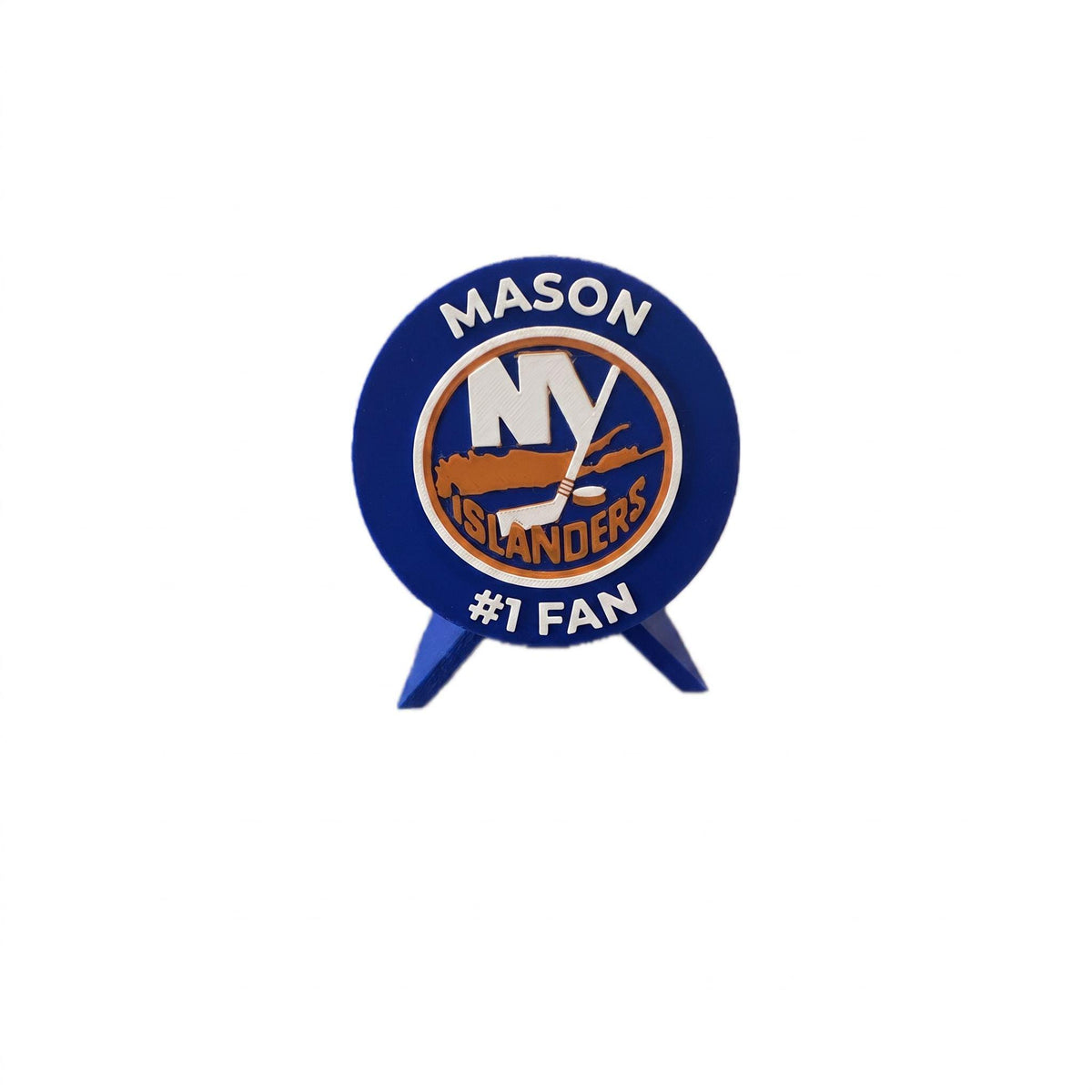 Personalized New York Islanders medallion example with the name MASON on top and #1 FAN on the bottom, 3D printed to order