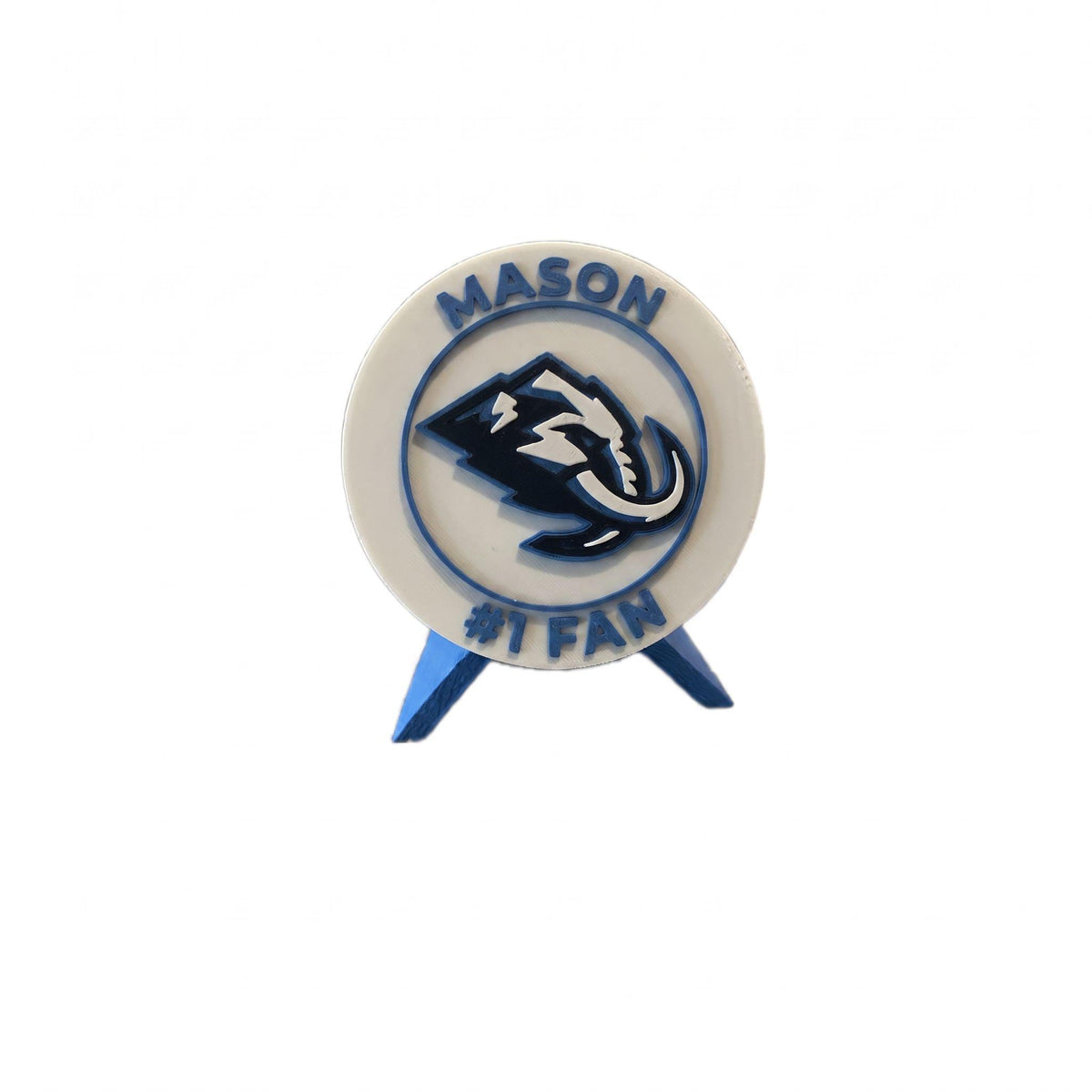 Personalized Utah Mammoth medallion example with the name MASON on top and #1 FAN on the bottom, 3D printed to order